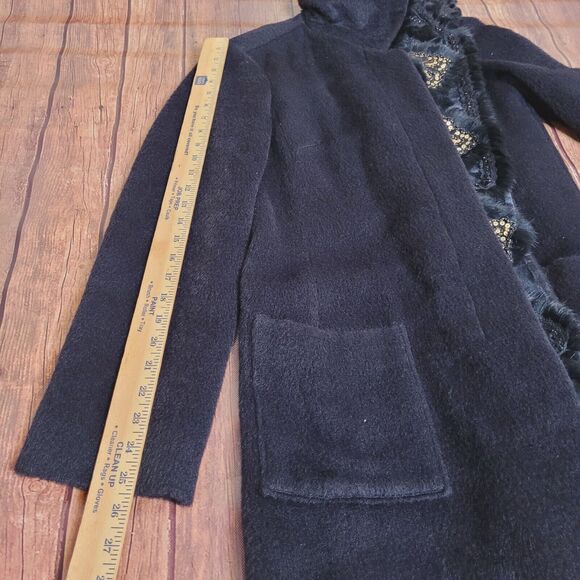 Olivine Gabbro Coat Womens 6 Black Alpaca Embellished Mid Length Rabbit Fur Trim - Picture 5 of 16